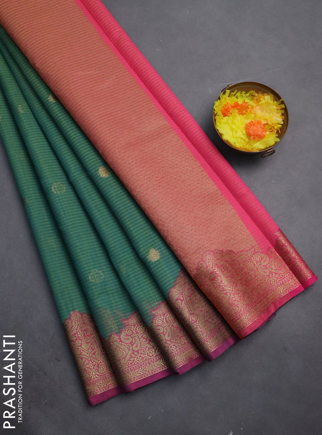Banarasi semi dupion silk saree teal bluish green and pink with zari woven buttas and zari woven border