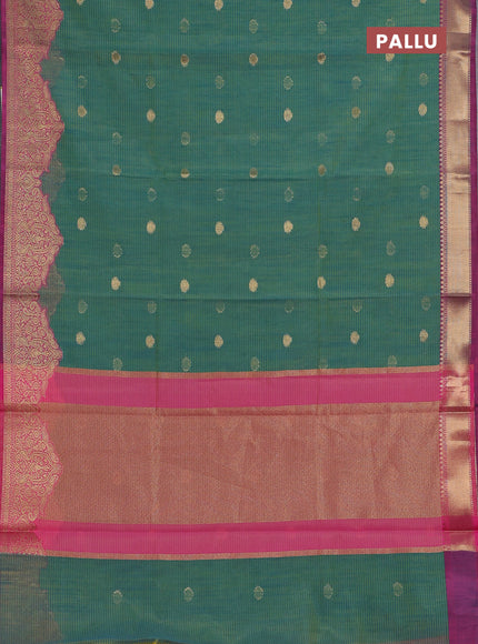 Banarasi semi dupion silk saree teal bluish green and pink with zari woven buttas and zari woven border