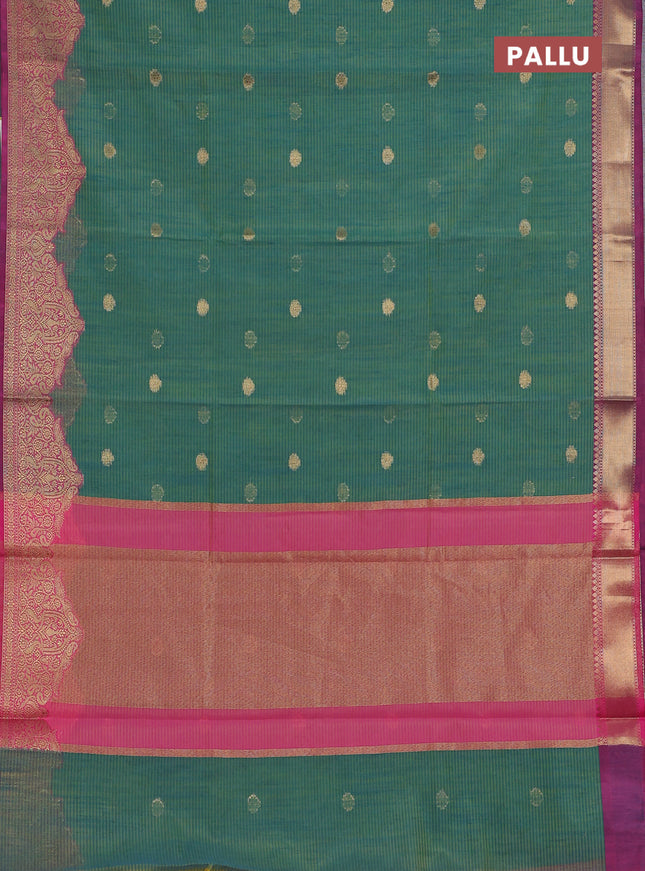 Banarasi semi dupion silk saree teal bluish green and pink with zari woven buttas and zari woven border