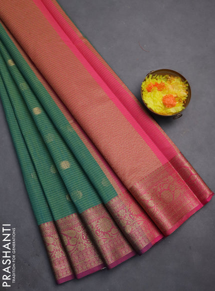 Banarasi semi dupion silk saree teal bluish green and pink with zari woven buttas and zari woven border