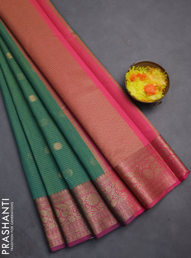 Banarasi semi dupion silk saree teal bluish green and pink with zari woven buttas and zari woven border