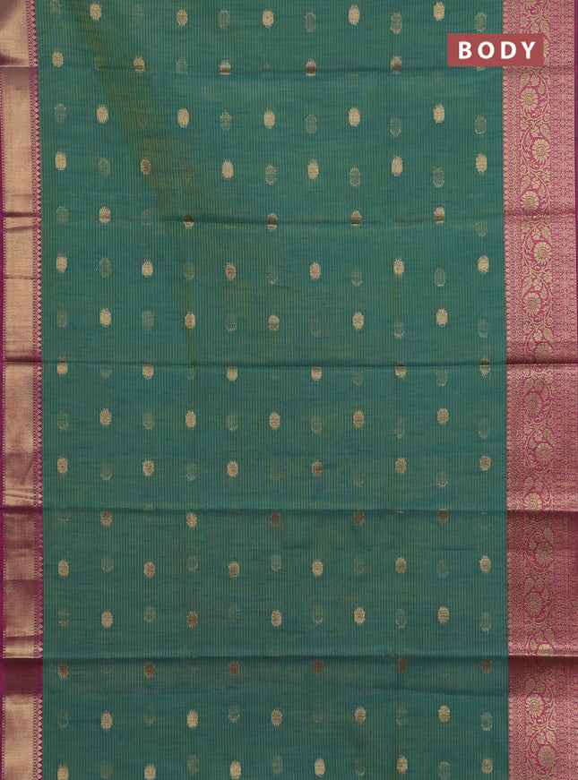 Banarasi semi dupion silk saree teal bluish green and pink with zari woven buttas and zari woven border