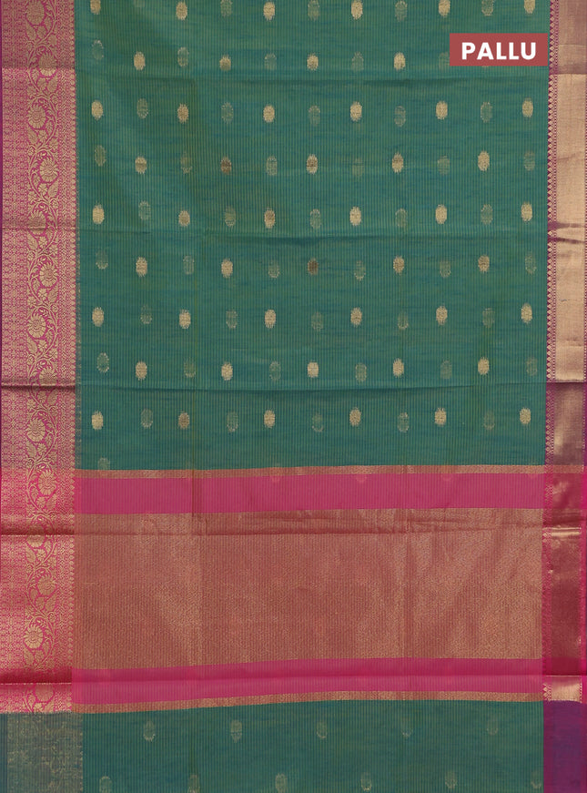 Banarasi semi dupion silk saree teal bluish green and pink with zari woven buttas and zari woven border
