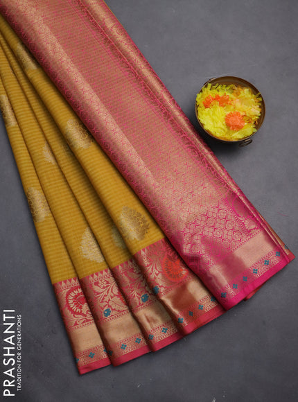 Banarasi semi dupion silk saree mustard yellow and pink with allover stripe & woven buttas and floral design woven border