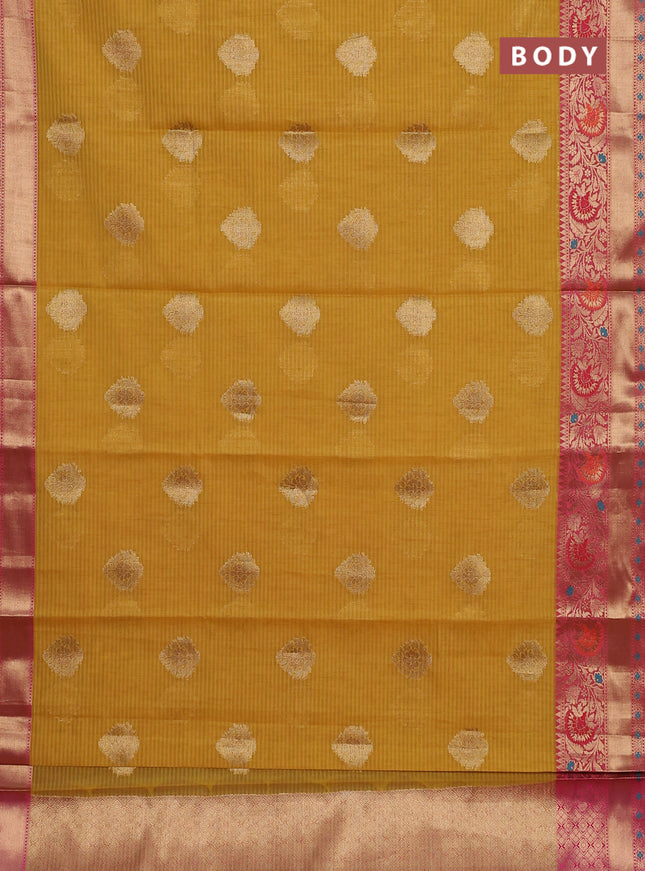 Banarasi semi dupion silk saree mustard yellow and pink with allover stripe & woven buttas and floral design woven border