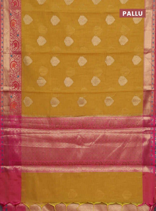 Banarasi semi dupion silk saree mustard yellow and pink with allover stripe & woven buttas and floral design woven border