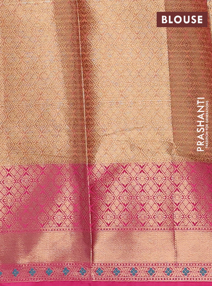 Banarasi semi dupion silk saree mustard yellow and pink with allover stripe & woven buttas and floral design woven border