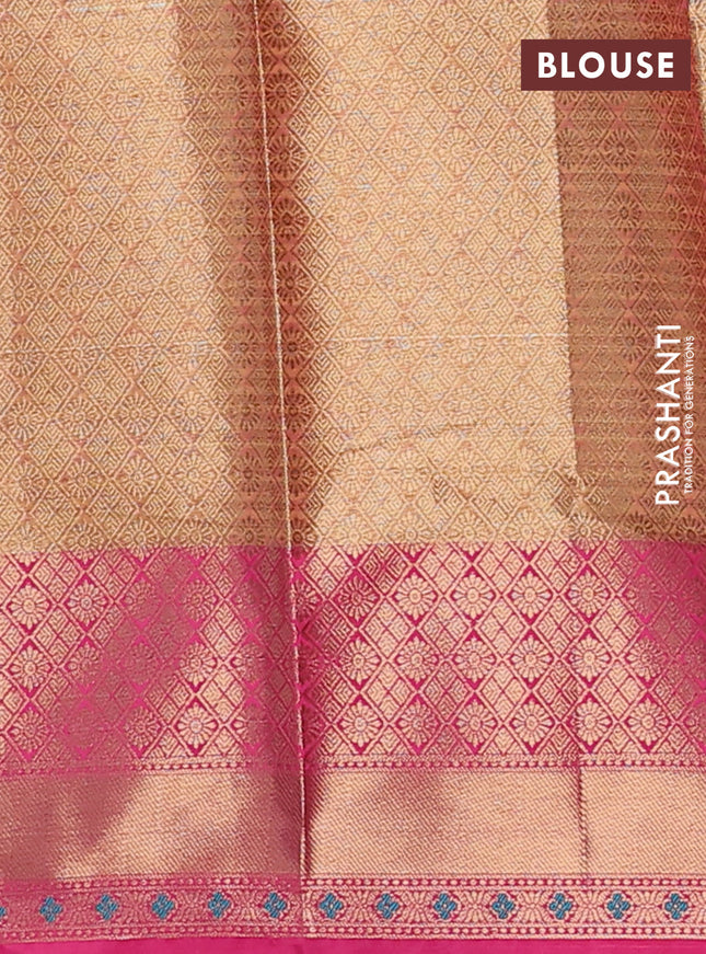 Banarasi semi dupion silk saree mustard yellow and pink with allover stripe & woven buttas and floral design woven border