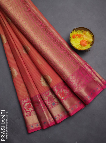 Banarasi semi dupion silk saree dual shade of yellowish pink and pink with allover stripe & woven buttas and floral design woven border