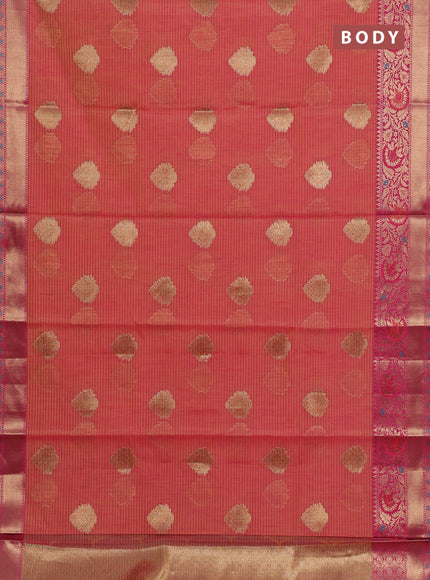 Banarasi semi dupion silk saree dual shade of yellowish pink and pink with allover stripe & woven buttas and floral design woven border