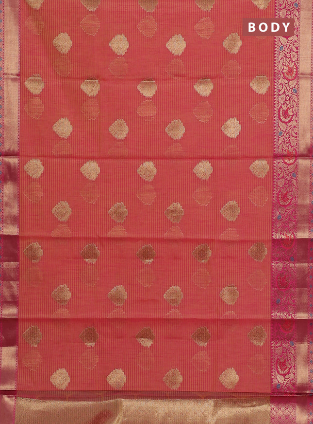 Banarasi semi dupion silk saree dual shade of yellowish pink and pink with allover stripe & woven buttas and floral design woven border