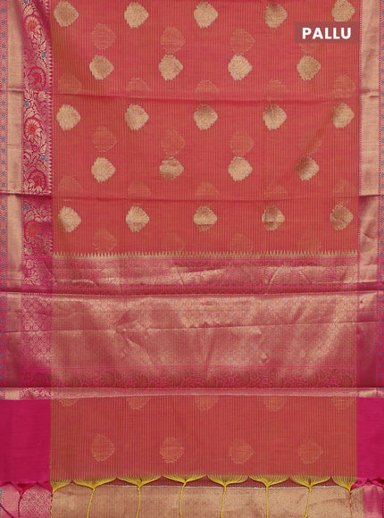 Banarasi semi dupion silk saree dual shade of yellowish pink and pink with allover stripe & woven buttas and floral design woven border