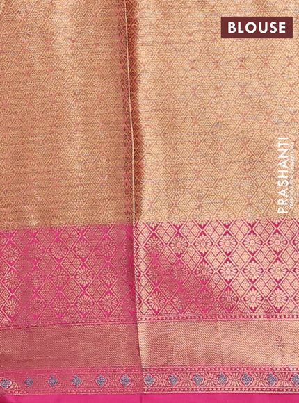 Banarasi semi dupion silk saree dual shade of yellowish pink and pink with allover stripe & woven buttas and floral design woven border