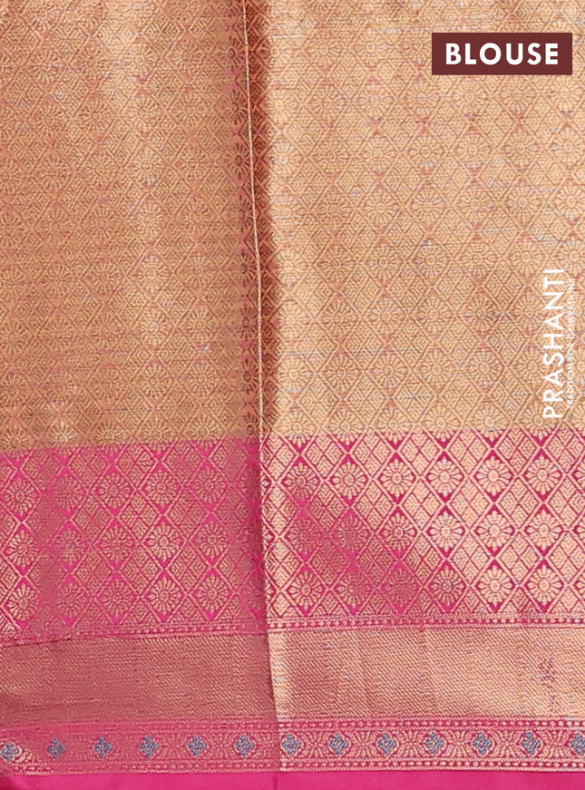 Banarasi semi dupion silk saree dual shade of yellowish pink and pink with allover stripe & woven buttas and floral design woven border