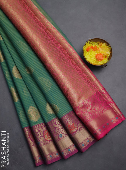 Banarasi semi dupion silk saree dual shade of teal bluish green and pink with allover stripe & woven buttas and floral design woven border