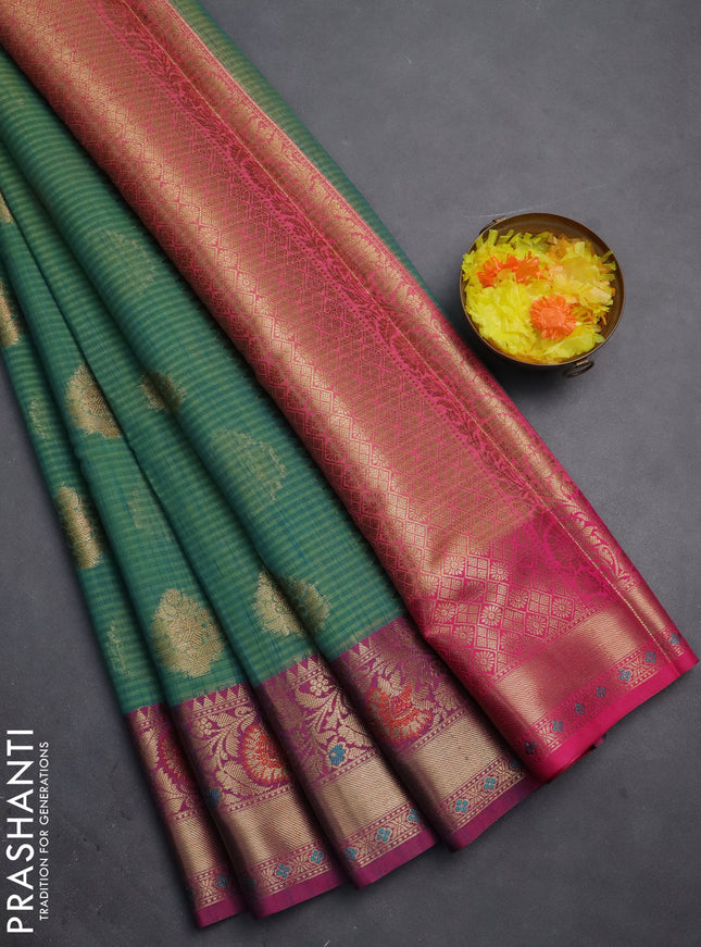 Banarasi semi dupion silk saree dual shade of teal bluish green and pink with allover stripe & woven buttas and floral design woven border