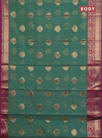 Banarasi semi dupion silk saree dual shade of teal bluish green and pink with allover stripe & woven buttas and floral design woven border
