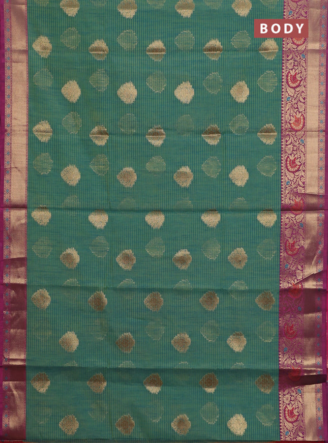 Banarasi semi dupion silk saree dual shade of teal bluish green and pink with allover stripe & woven buttas and floral design woven border
