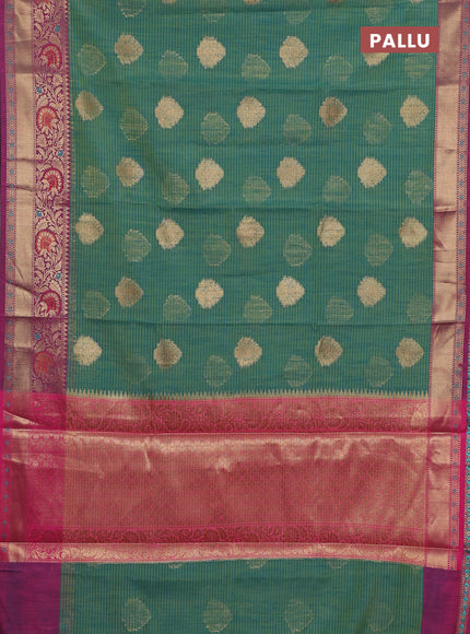 Banarasi semi dupion silk saree dual shade of teal bluish green and pink with allover stripe & woven buttas and floral design woven border
