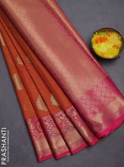 Banarasi semi dupion silk saree sunset orange and pink with allover stripe & woven buttas and floral design woven border