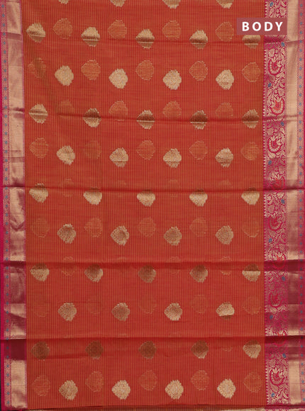 Banarasi semi dupion silk saree sunset orange and pink with allover stripe & woven buttas and floral design woven border