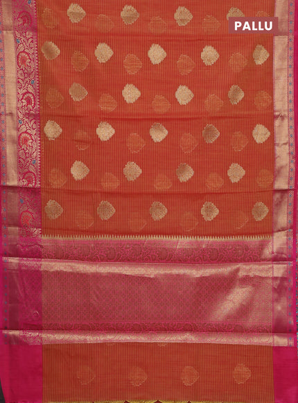 Banarasi semi dupion silk saree sunset orange and pink with allover stripe & woven buttas and floral design woven border