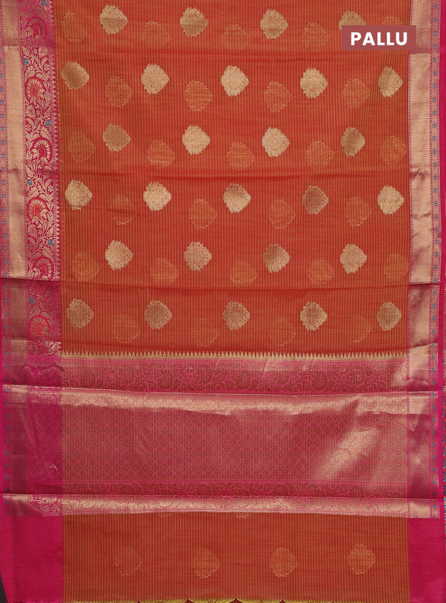 Banarasi semi dupion silk saree sunset orange and pink with allover stripe & woven buttas and floral design woven border
