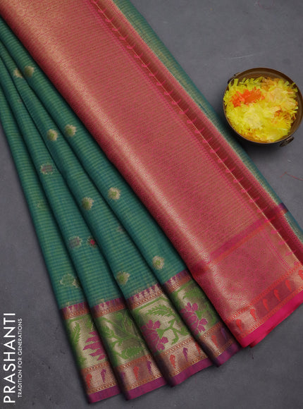 Banarasi semi dupion silk saree teal bluish green and pink with zari woven buttas and zari woven paithani style border