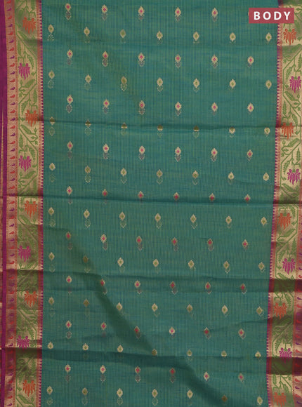 Banarasi semi dupion silk saree teal bluish green and pink with zari woven buttas and zari woven paithani style border