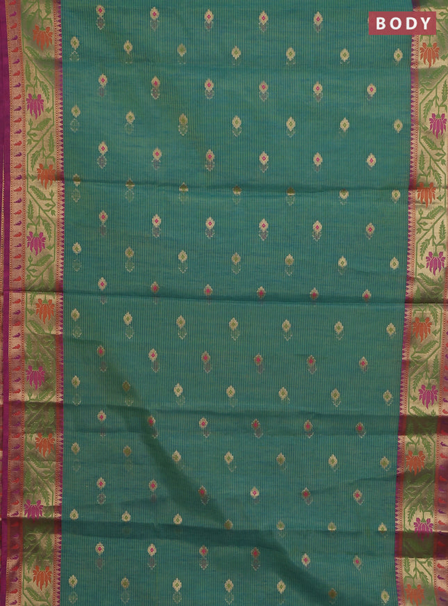 Banarasi semi dupion silk saree teal bluish green and pink with zari woven buttas and zari woven paithani style border