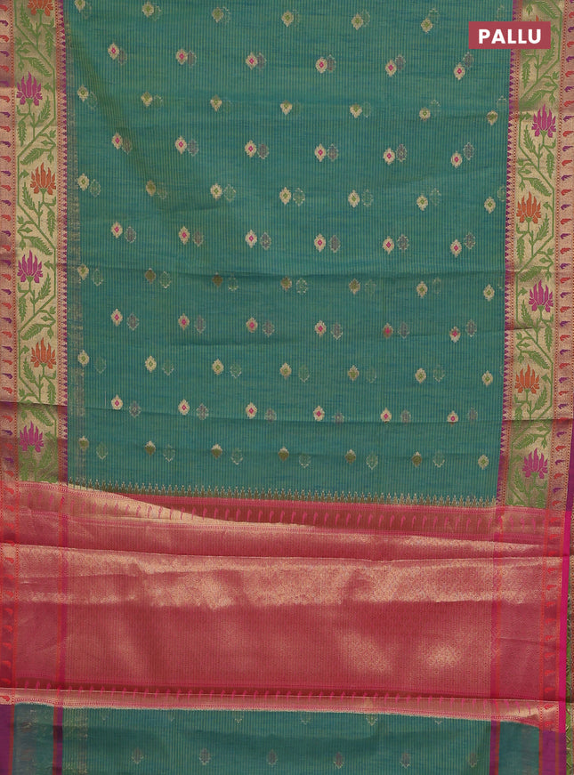Banarasi semi dupion silk saree teal bluish green and pink with zari woven buttas and zari woven paithani style border