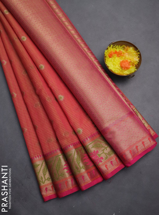 Banarasi semi dupion silk saree dual shade of yellowish pink and pink with zari woven buttas and zari woven paithani style border