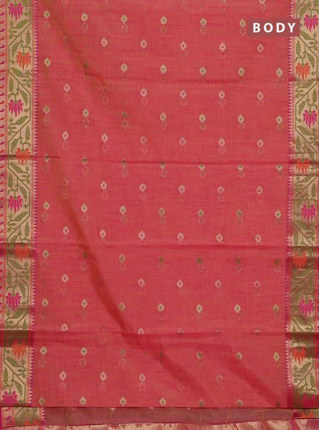 Banarasi semi dupion silk saree dual shade of yellowish pink and pink with zari woven buttas and zari woven paithani style border