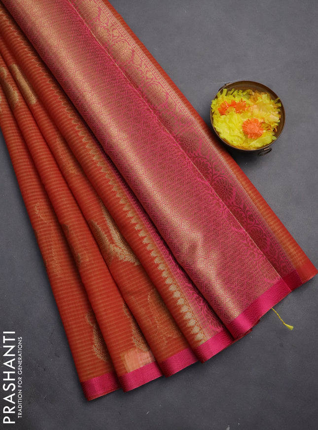 Banarasi semi dupion silk saree dual shade of orange and pink with zari woven paisley buttas and thread woven border
