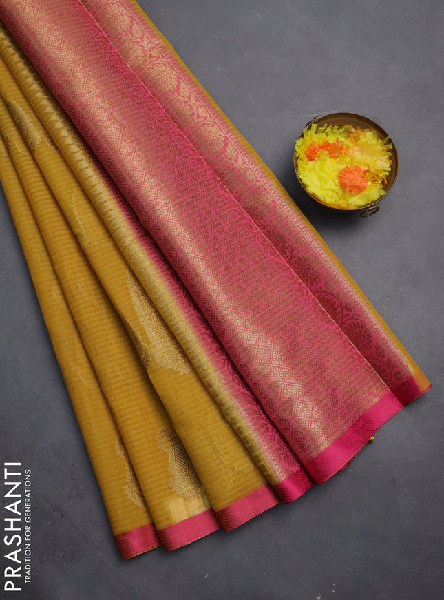 Banarasi semi dupion silk saree mustard yellow and pink with zari woven paisley buttas and thread woven border