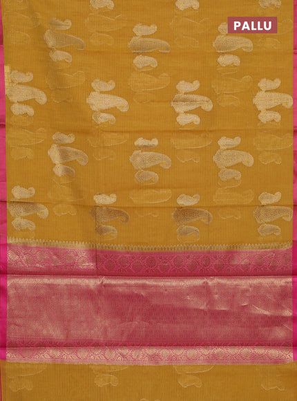 Banarasi semi dupion silk saree mustard yellow and pink with zari woven paisley buttas and thread woven border