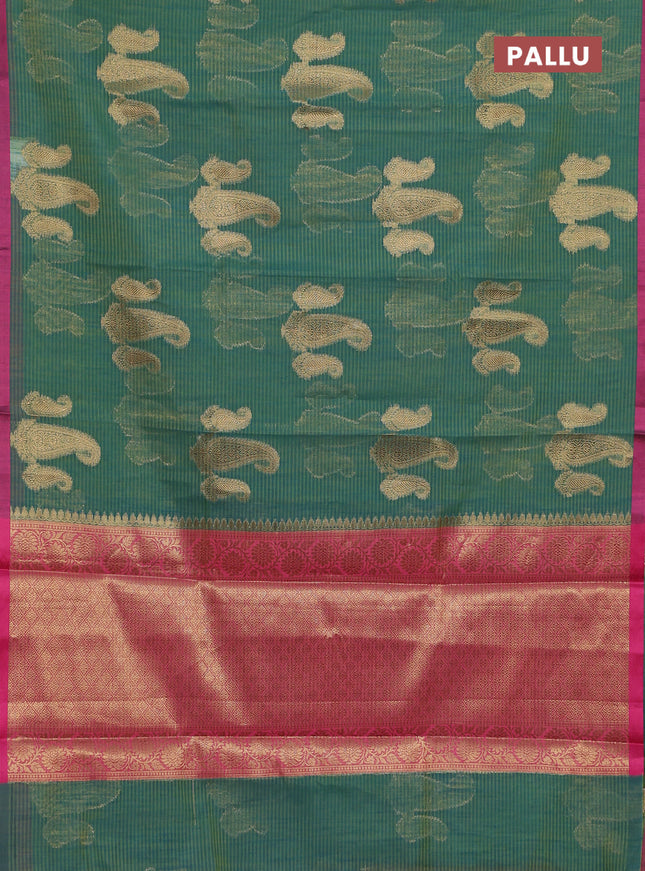Banarasi semi dupion silk saree dual shade of green and pink with zari woven paisley buttas and thread woven border