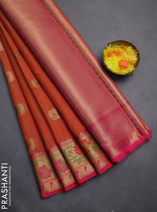 Banarasi semi dupion silk saree dual shade of dark mustard and pink with zari woven floral buttas and zari woven floral paithani style border