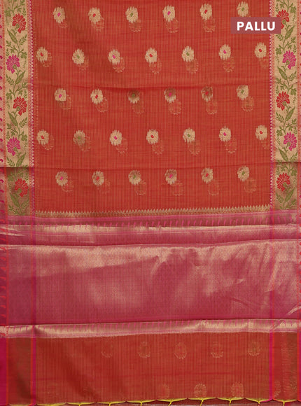 Banarasi semi dupion silk saree dual shade of dark mustard and pink with zari woven floral buttas and zari woven floral paithani style border