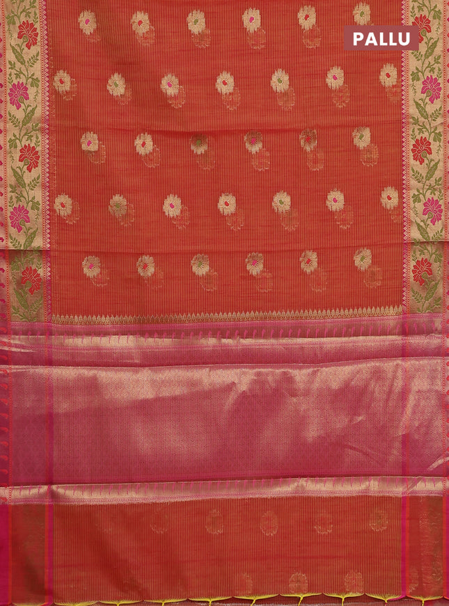 Banarasi semi dupion silk saree dual shade of dark mustard and pink with zari woven floral buttas and zari woven floral paithani style border