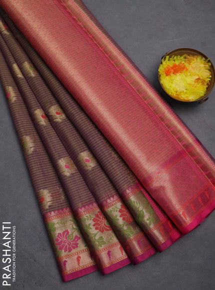 Banarasi semi dupion silk saree dual shade of greenish purple and pink with zari woven floral buttas and zari woven floral paithani style border