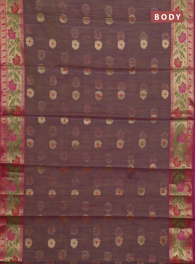 Banarasi semi dupion silk saree dual shade of greenish purple and pink with zari woven floral buttas and zari woven floral paithani style border