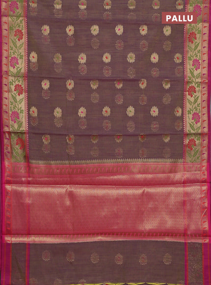 Banarasi semi dupion silk saree dual shade of greenish purple and pink with zari woven floral buttas and zari woven floral paithani style border