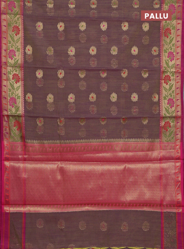 Banarasi semi dupion silk saree dual shade of greenish purple and pink with zari woven floral buttas and zari woven floral paithani style border
