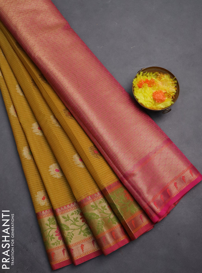 Banarasi semi dupion silk saree mustard yellow and pink with zari woven floral buttas and zari woven floral paithani style border