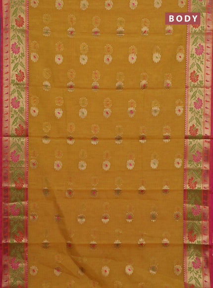 Banarasi semi dupion silk saree mustard yellow and pink with zari woven floral buttas and zari woven floral paithani style border