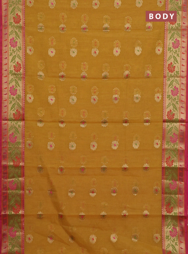 Banarasi semi dupion silk saree mustard yellow and pink with zari woven floral buttas and zari woven floral paithani style border