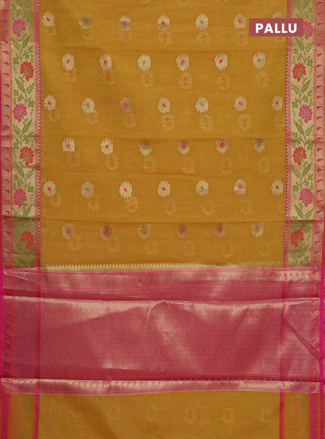 Banarasi semi dupion silk saree mustard yellow and pink with zari woven floral buttas and zari woven floral paithani style border
