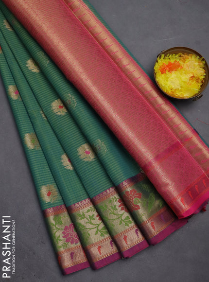 Banarasi semi dupion silk saree teal bluish green and pink with zari woven floral buttas and zari woven floral paithani style border