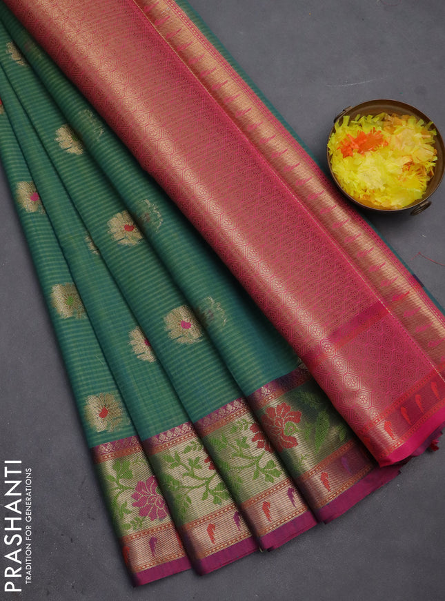 Banarasi semi dupion silk saree teal bluish green and pink with zari woven floral buttas and zari woven floral paithani style border